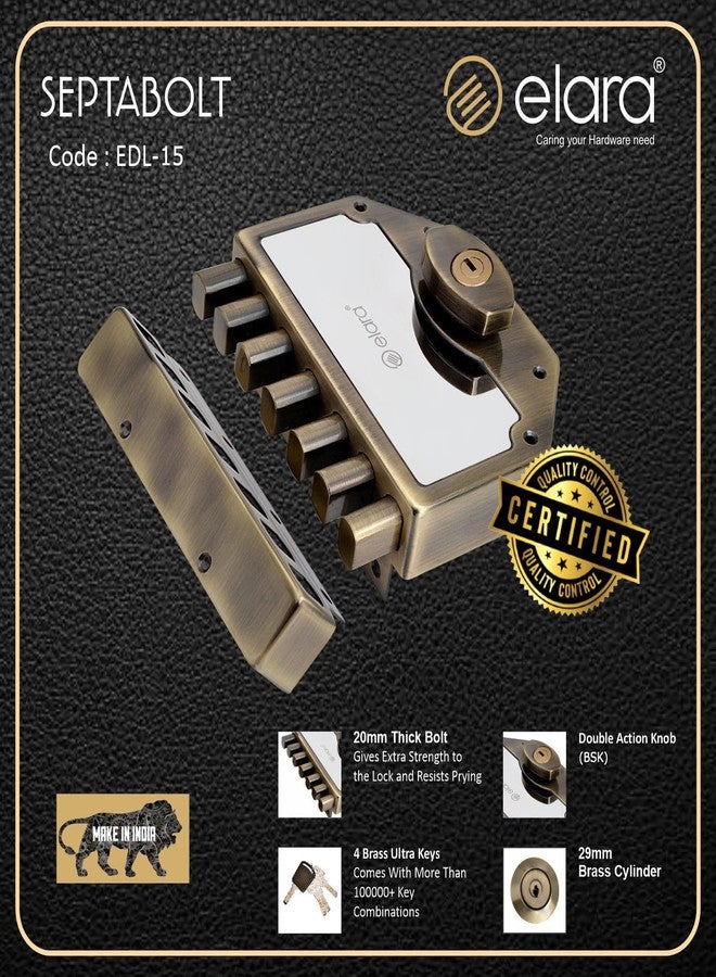 إلارا قفل باب Elara Deadbolt Septabolt 2CK، قفل حافة، مزلاج للمنزل، أقفال أبواب للباب الرئيسي مع 4 مفاتيح نحاسية قابلة للعكس (عتيق، EDL-15، Septabolt، مفتاح فائق) - Image 5